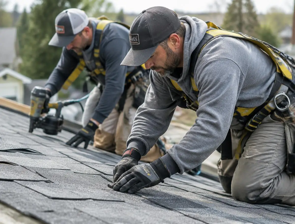Roofing crew installing shingles
